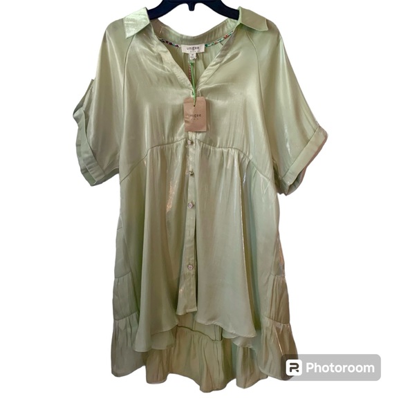 Umgee Satin Sheen Tiered Spring Tunic / Dress Button Up Pastel Green Medium - Picture 3 of 9